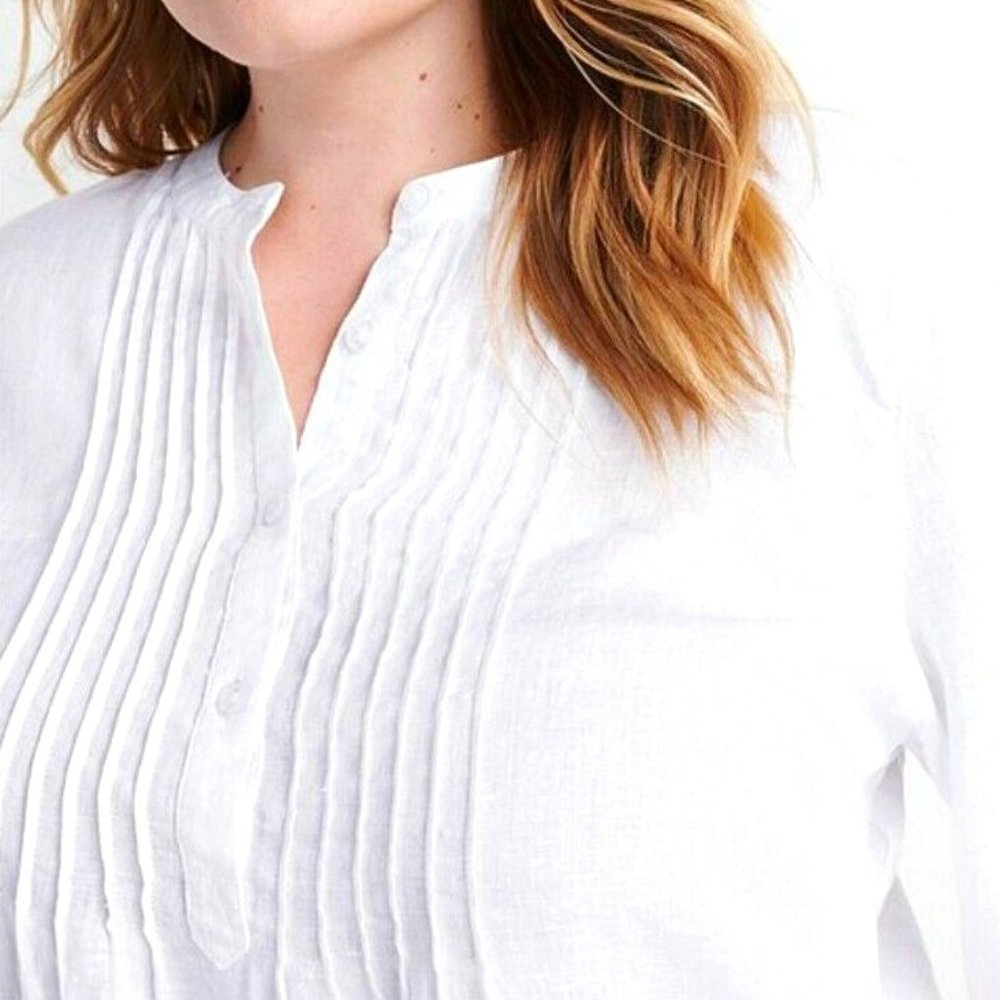 Ryllace White Linen Coastal Pin Tuck Blouse 16